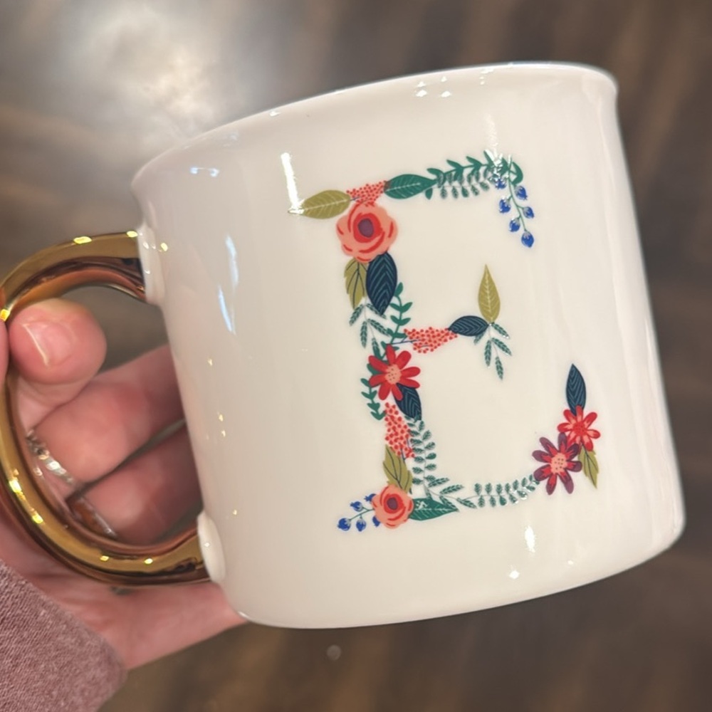 Opalhouse White Mug with Floral Monogram and Gold Handle